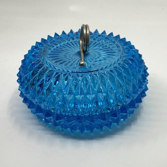 Indiana Glass Diamond Point Aqua Glass Powder Candy Dish With Lid Metal Handle - Picture 4 of 14